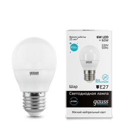 ЛАМПА GAUSS LED ELEMENTARY GLOBE   6W   E27   4100К 